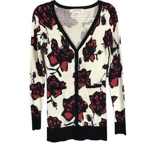 Mac & Jac Cream Red Rose Print Slim Cardigan Long Knit Sweater sz Small Grandma